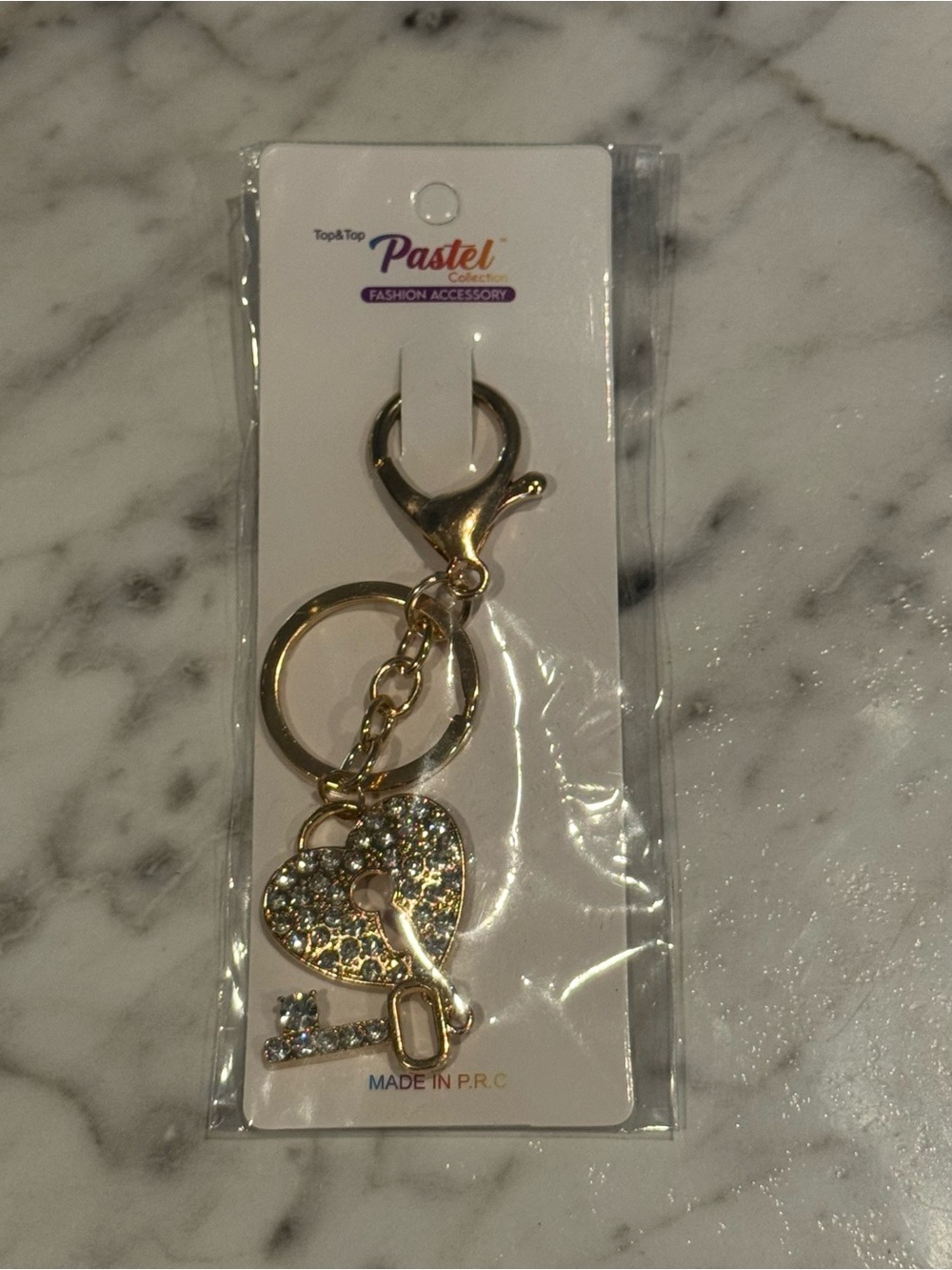 Pastels Gold Heart & Key Rhinestone Keyring